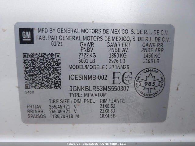 Aukcja sprzedaży 2021 Chevrolet Blazer Premier, vin: 3GNKBLRS3MS550307, numer aukcji: 12579772