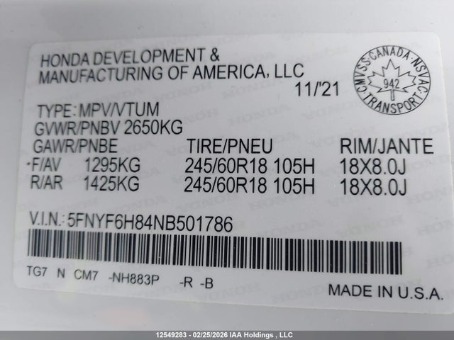 Aukcja sprzedaży 2022 Honda Pilot Trailsport, vin: 5FNYF6H84NB501786, numer aukcji: 12549283