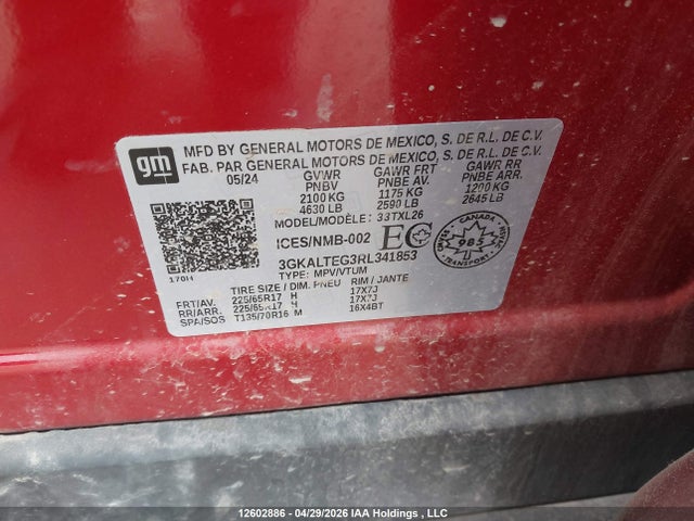 12602886 :رقم المزاد ، 3GKALTEG3RL341853 vin ، 2024 Gmc Terrain Sle مزاد بيع