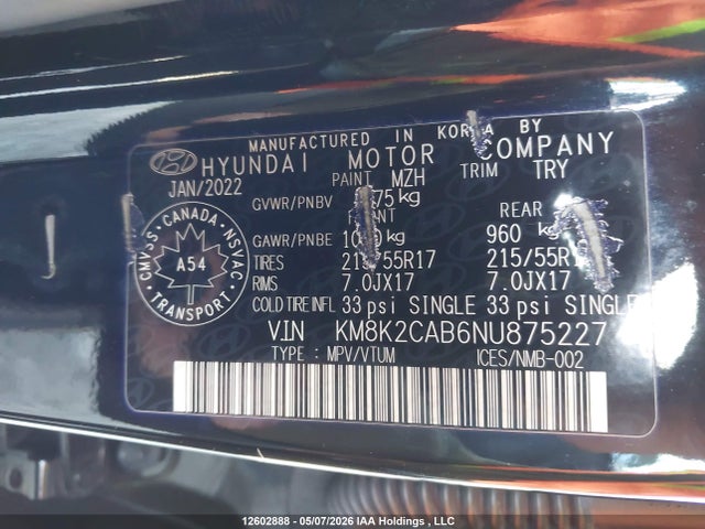 Продажа на аукционе авто 2022 Hyundai Kona, vin: KM8K2CAB6NU875227, номер лота: 12602888