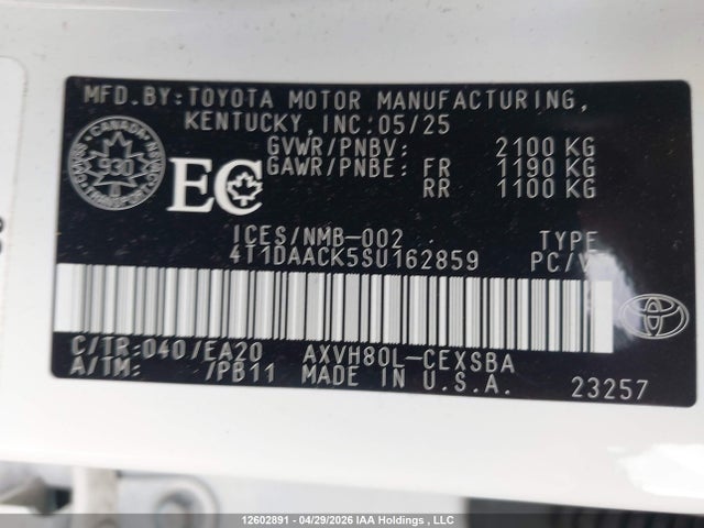 12602891 :رقم المزاد ، 4T1DAACK5SU162859 vin ، 2025 Toyota Camry Xse/xle/le/se مزاد بيع