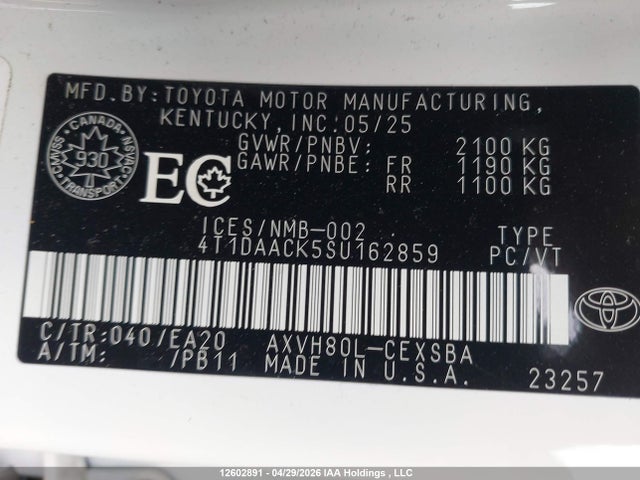 12602891 :رقم المزاد ، 4T1DAACK5SU162859 vin ، 2025 Toyota Camry Xse/xle/le/se مزاد بيع