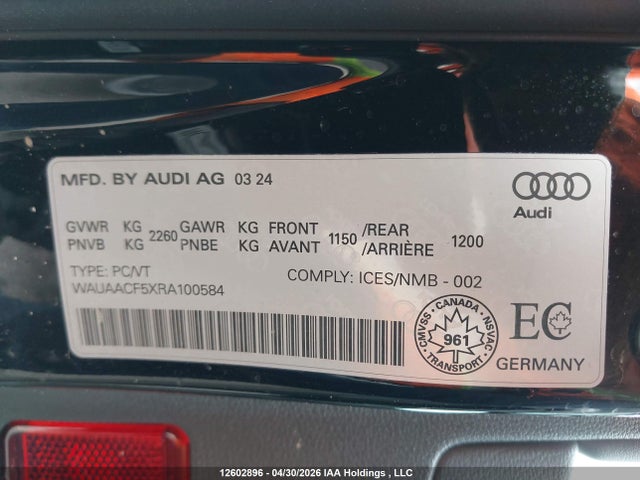12602896 :رقم المزاد ، WAUAACF5XRA100584 vin ، 2024 Audi A5 45 Komfort مزاد بيع