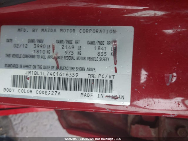 Aukcja sprzedaży 2012 Mazda Mazda3 Gs-sky, vin: JM1BL1L74C1616359, numer aukcji: 12602899