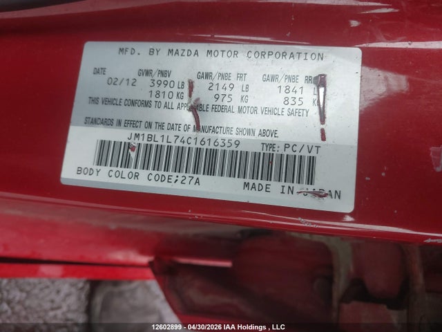 Aukcja sprzedaży 2012 Mazda Mazda3 Gs-sky, vin: JM1BL1L74C1616359, numer aukcji: 12602899