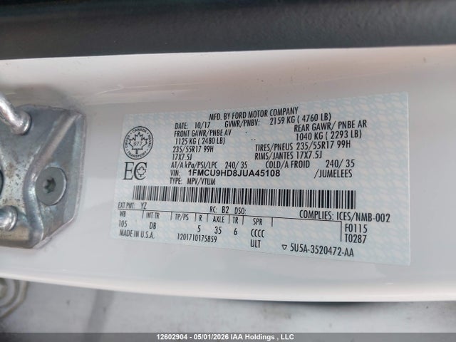 1FMCU9HD8JUA45108 Ford ESCAPE SEL