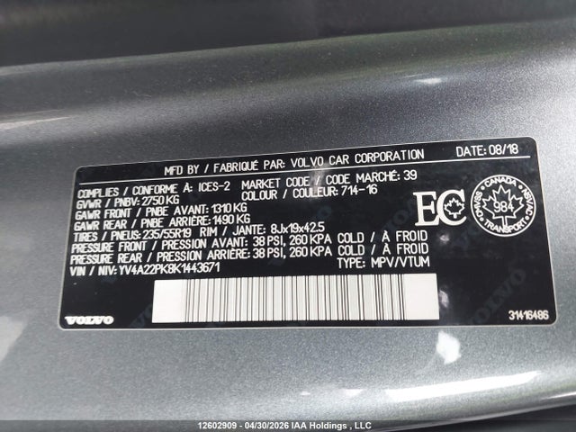Продажа на аукционе авто 2019 Volvo Xc90 T6 Momentum, vin: YV4A22PK8K1443671, номер лота: 12602909