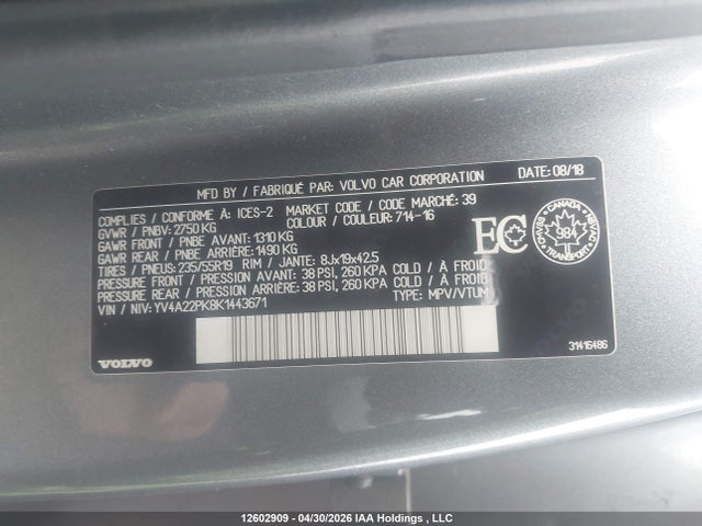 Продажа на аукционе авто 2019 Volvo Xc90 T6 Momentum, vin: YV4A22PK8K1443671, номер лота: 12602909