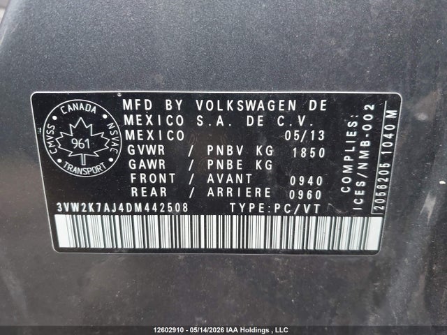 12602910 :رقم المزاد ، 3VW2K7AJ4DM442508 vin ، 2013 Volkswagen Jetta مزاد بيع