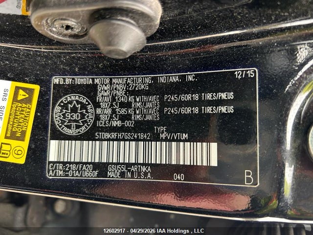 5TDBKRFH7GS241842 Toyota Highlander Le/le Plus