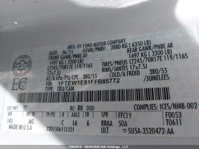 2015 Ford F150 Supercrew მანქანა იყიდება აუქციონზე, vin: 1FTEW1E81FFB85772, აუქციონის ნომერი: 12602919