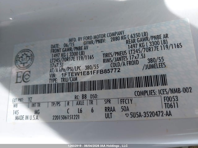 2015 Ford F150 Supercrew მანქანა იყიდება აუქციონზე, vin: 1FTEW1E81FFB85772, აუქციონის ნომერი: 12602919