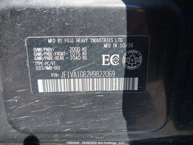Продаж на аукціоні авто 2017 Subaru Wrx Limited, vin: JF1VA1G62H9822069, номер лоту: 12602920
