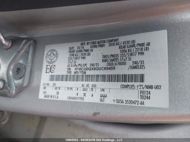 1FMCU0GX9GUC69455 Ford ESCAPE SE