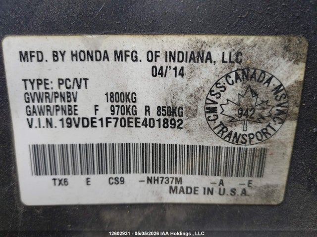 12602931 :رقم المزاد ، 19VDE1F70EE401892 vin ، 2014 Acura Ilx مزاد بيع