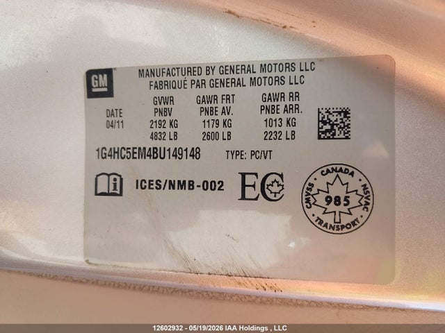 2011 Buick Lucerne Cxl მანქანა იყიდება აუქციონზე, vin: 1G4HC5EM4BU149148, აუქციონის ნომერი: 12602932