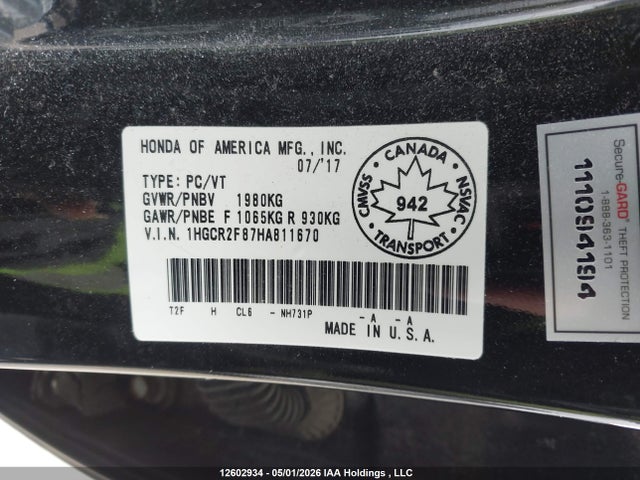 1HGCR2F87HA811670 Honda Accord Ex-l