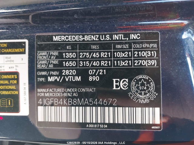 Aukcja sprzedaży 2021 Mercedes-benz Gle 350 4matic, vin: 4JGFB4KB8MA544672, numer aukcji: 12602939