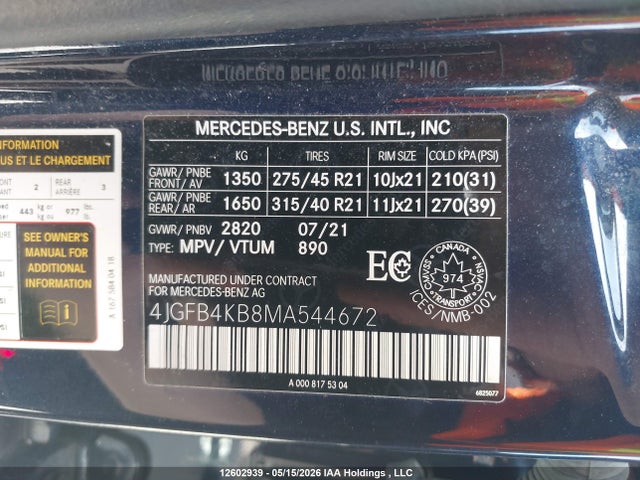 Aukcja sprzedaży 2021 Mercedes-benz Gle 350 4matic, vin: 4JGFB4KB8MA544672, numer aukcji: 12602939