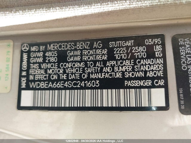 Продаж на аукціоні авто 1995 Mercedes-benz E 320, vin: WDBEA66E4SC241603, номер лоту: 12602948