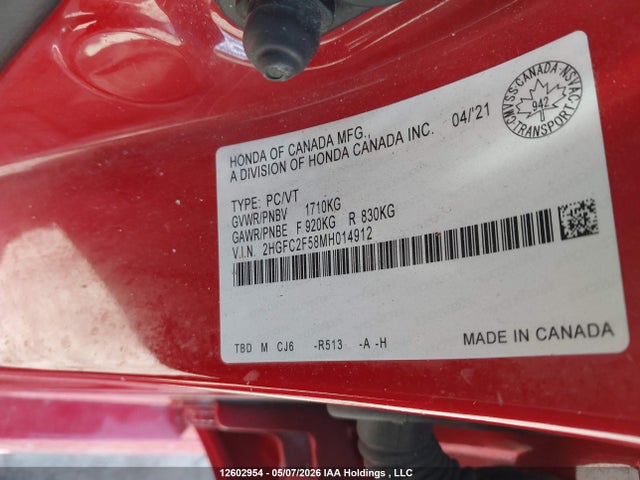 Продаж на аукціоні авто 2021 Honda Civic Lx, vin: 2HGFC2F58MH014912, номер лоту: 12602954