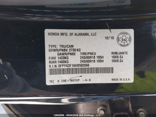 Продажа на аукционе авто 2017 Honda Ridgeline Sport, vin: 5FPYK3F16HB503566, номер лота: 12602956