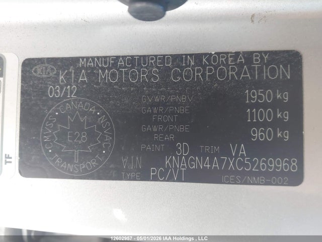 12602957 :رقم المزاد ، KNAGN4A7XC5269968 vin ، 2012 Kia Optima مزاد بيع