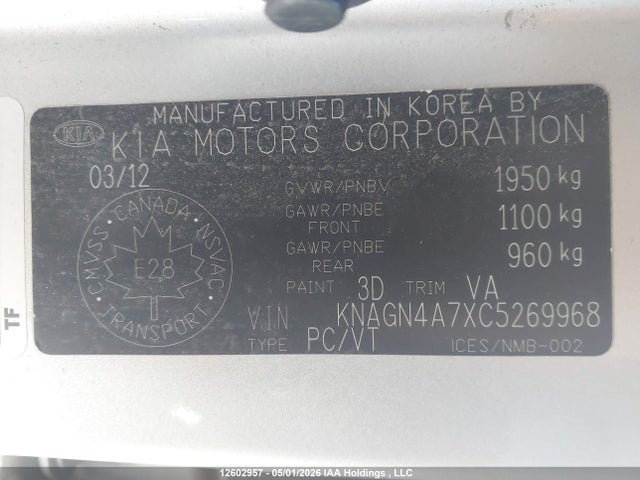 12602957 :رقم المزاد ، KNAGN4A7XC5269968 vin ، 2012 Kia Optima مزاد بيع