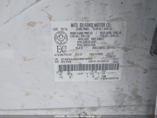 Aukcja sprzedaży 2016 Ford Edge Sel, vin: 2FMPK4J82GBB19368, numer aukcji: 12602966