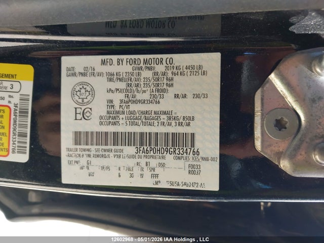 2016 Ford Fusion Se მანქანა იყიდება აუქციონზე, vin: 3FA6P0HD9GR334766, აუქციონის ნომერი: 12602968
