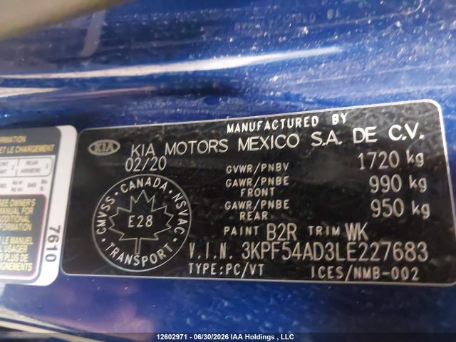 2020 Kia Forte Ex მანქანა იყიდება აუქციონზე, vin: 3KPF54AD3LE227683, აუქციონის ნომერი: 12602971