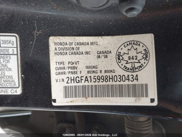 Aukcja sprzedaży 2008 Honda Civic Exl, vin: 2HGFA15998H030434, numer aukcji: 12602985