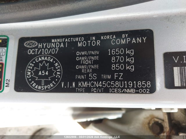 12602986 :رقم المزاد ، KMHCN45C58U191858 vin ، 2008 Hyundai Accent مزاد بيع