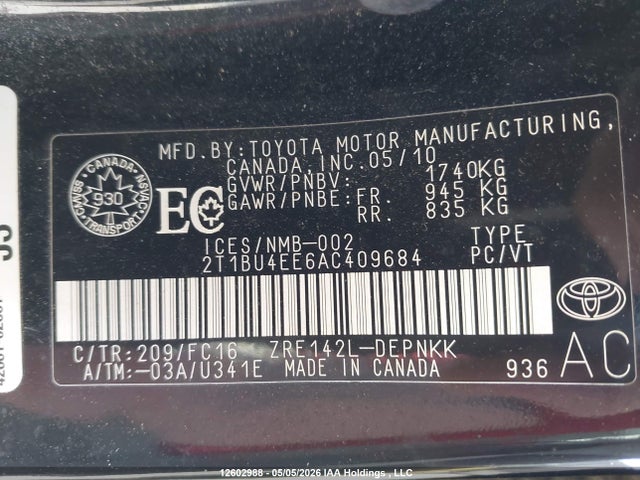 2010 Toyota Corolla Le მანქანა იყიდება აუქციონზე, vin: 2T1BU4EE6AC409684, აუქციონის ნომერი: 12602988