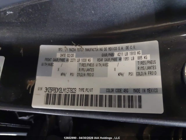 Продажа на аукционе авто 2020 Mazda 3 Preferred, vin: 3MZBPBDM3LM137803, номер лота: 12602990