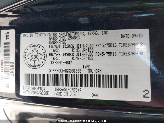 12602996 :رقم المزاد ، 5TFRX5GN4GX051925 vin ، 2016 Toyota Tacoma مزاد بيع
