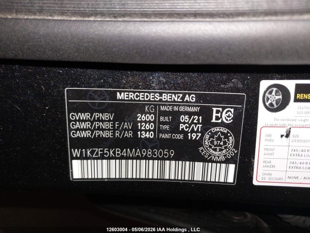 12603004 :رقم المزاد ، W1KZF5KB4MA983059 vin ، 2021 Mercedes-benz E 450 4matic مزاد بيع