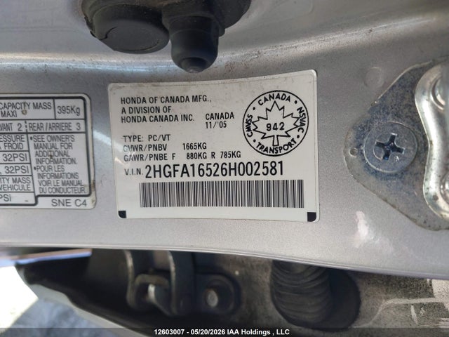 Продажа на аукционе авто 2006 Honda Civic Lx, vin: 2HGFA16526H002581, номер лота: 12603007