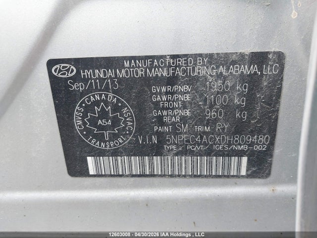 Продаж на аукціоні авто 2013 Hyundai Sonata Se/limited, vin: 5NPEC4ACXDH809480, номер лоту: 12603008