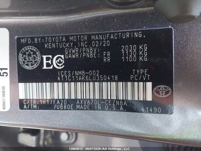 12603012 :رقم المزاد ، 4T1C11AK6LU350418 vin ، 2020 Toyota Camry Le مزاد بيع