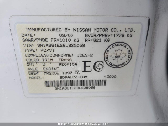 2008 Nissan Sentra მანქანა იყიდება აუქციონზე, vin: 3N1AB61E28L625058, აუქციონის ნომერი: 12603013