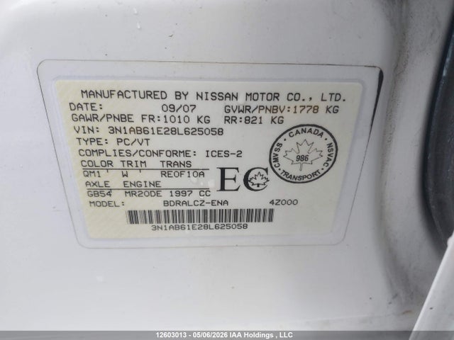 2008 Nissan Sentra მანქანა იყიდება აუქციონზე, vin: 3N1AB61E28L625058, აუქციონის ნომერი: 12603013