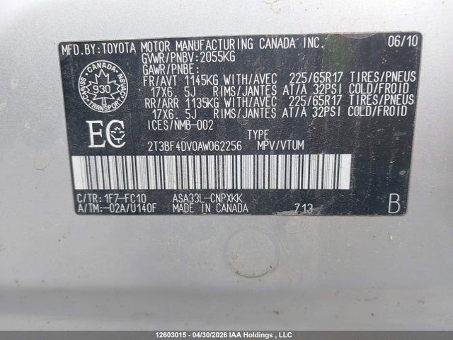 12603015 :رقم المزاد ، 2T3BF4DV0AW062256 vin ، 2010 Toyota Rav4 مزاد بيع