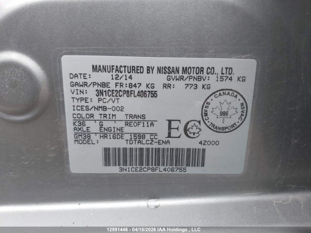 Продажа на аукционе авто 2015 Nissan Versa Note 1.6 S/1.6 Sl/1.6 Sr/1.6 Sv, vin: 3N1CE2CP8FL406755, номер лота: 12591446