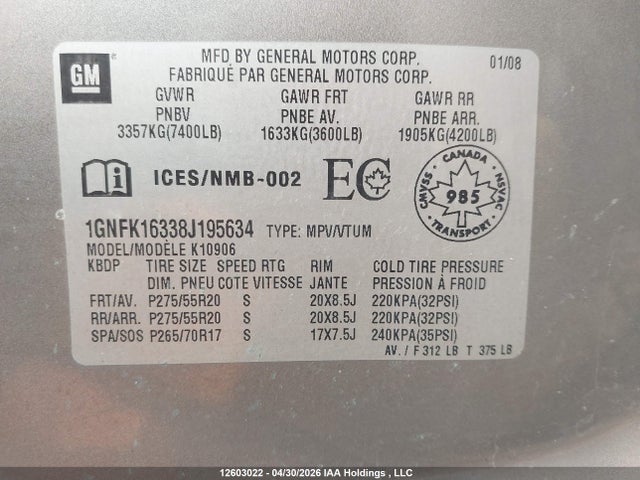 2008 Chevrolet Suburban K1500 Ls მანქანა იყიდება აუქციონზე, vin: 1GNFK16338J195634, აუქციონის ნომერი: 12603022