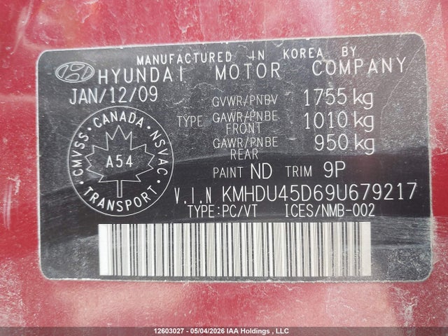 Aukcja sprzedaży 2009 Hyundai Elantra Gl/l, vin: KMHDU45D69U679217, numer aukcji: 12603027