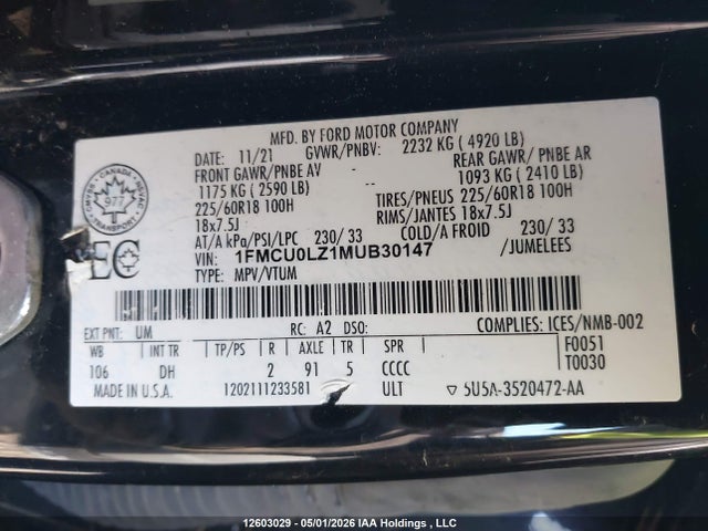 1FMCU0LZ1MUB30147 Ford Escape Phev Titanium