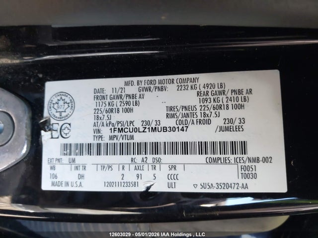 12603029 :رقم المزاد ، 1FMCU0LZ1MUB30147 vin ، 2021 Ford Escape Phev Titanium مزاد بيع