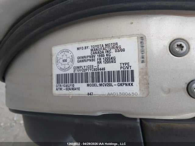 12603032 :رقم المزاد ، 2T1FF22P7YC809446 vin ، 2000 Toyota Camry Solara Se/sle مزاد بيع