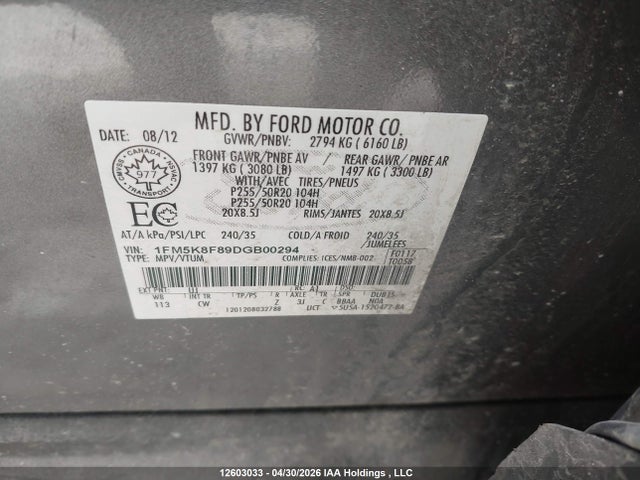 2013 Ford Explorer მანქანა იყიდება აუქციონზე, vin: 1FM5K8F89DGB00294, აუქციონის ნომერი: 12603033